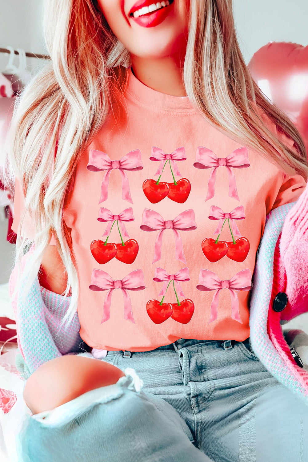 Pink Bow Cherry Print Crew Neck Casual T Shirt 🇨🇳