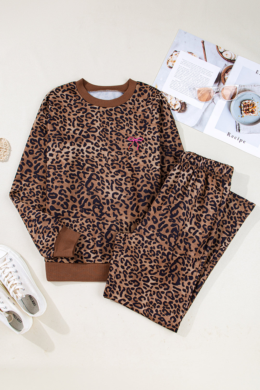 Coffee Leopard Print Contrast Trim Long Sleeve Top and Pants Set 🇺🇸