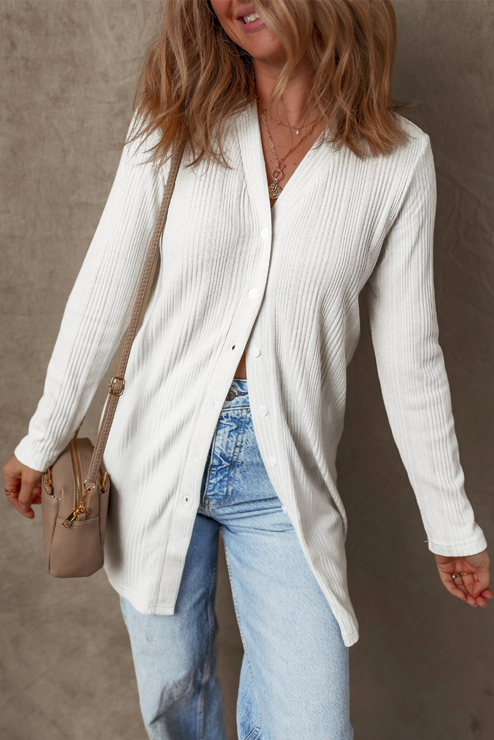 White Solid Color Ribbed Button up Tunic Cardigan 🇺🇲