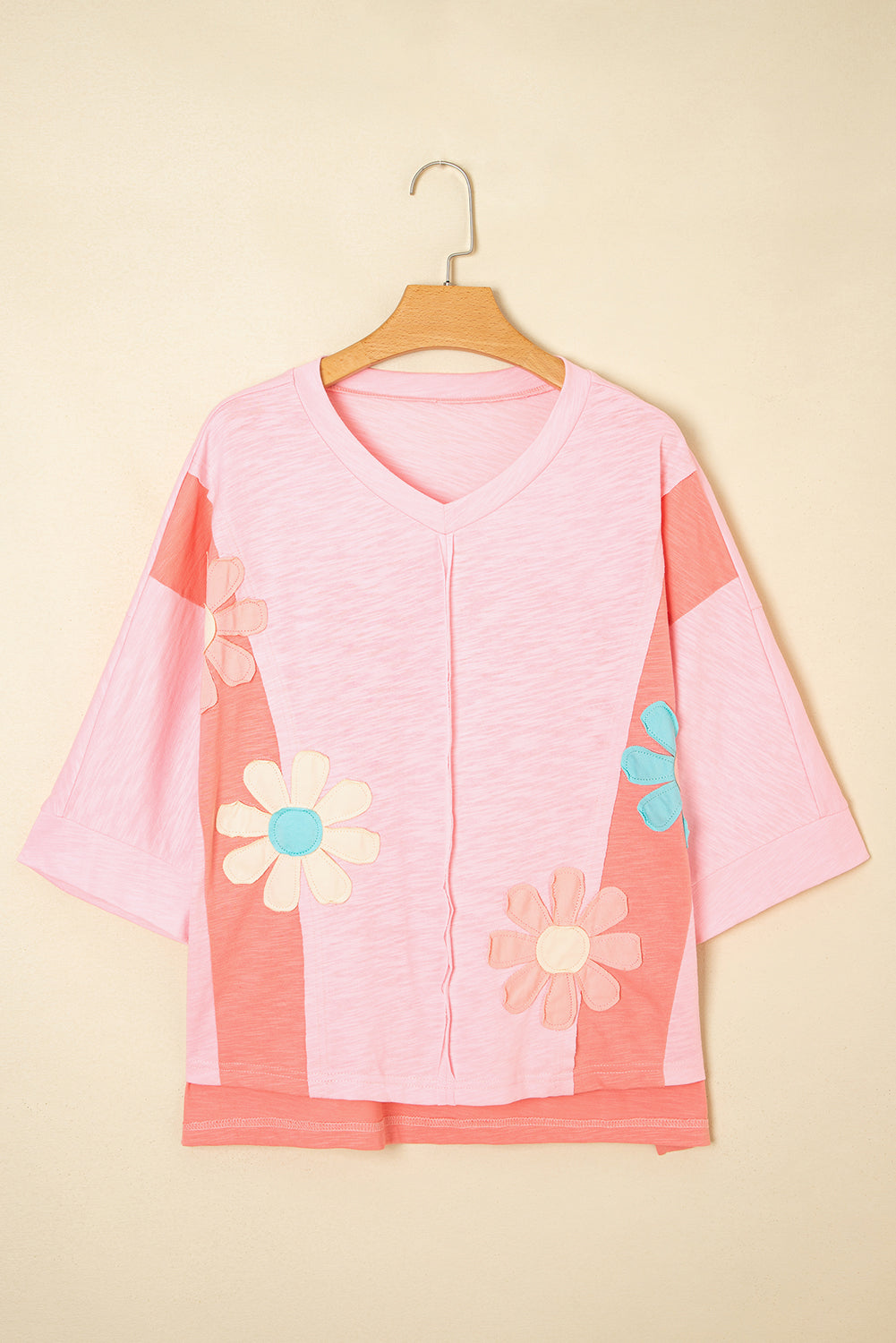Pink Flower Patched Exposed Seam Bracelet Sleeve Oversized T Shirt 🇺🇲