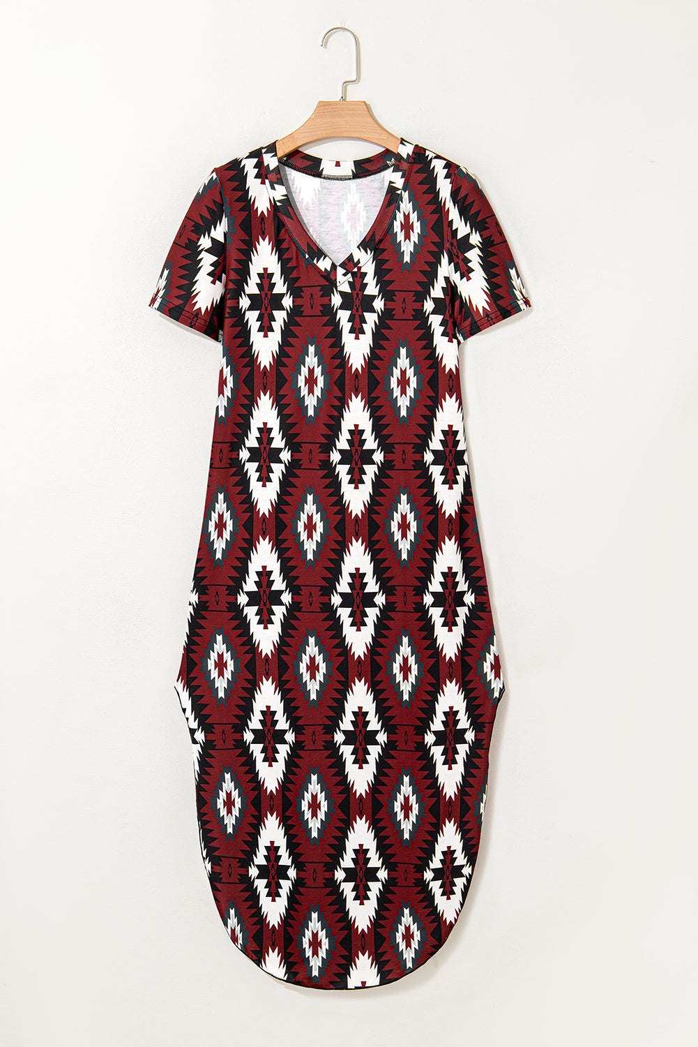 Red Western Aztec Printed Long T-shirt Dress 🇺🇸
