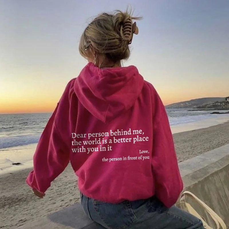 Dear Person Behind Me,the World Is A Better Place,with You In It,love,the Person In Front Of You,Women's Plush Letter Printed Kangaroo Pocket Drawstring Printed Hoodie Unisex Trendy Hoodies 🇨🇳