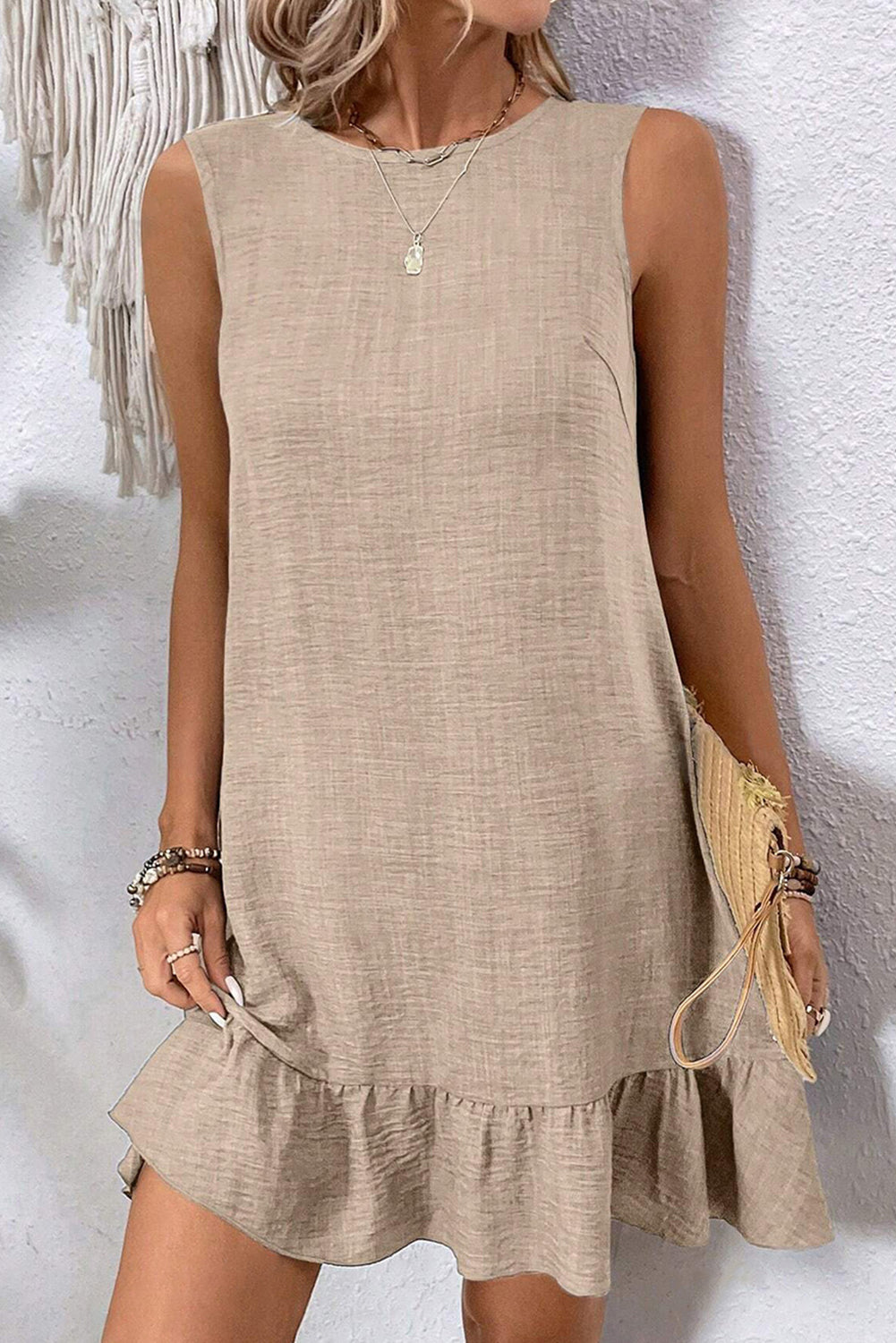 Smoke Gray Knot Scoop Back Ruffle Hem Sleeveless Mini Dress 🇨🇳