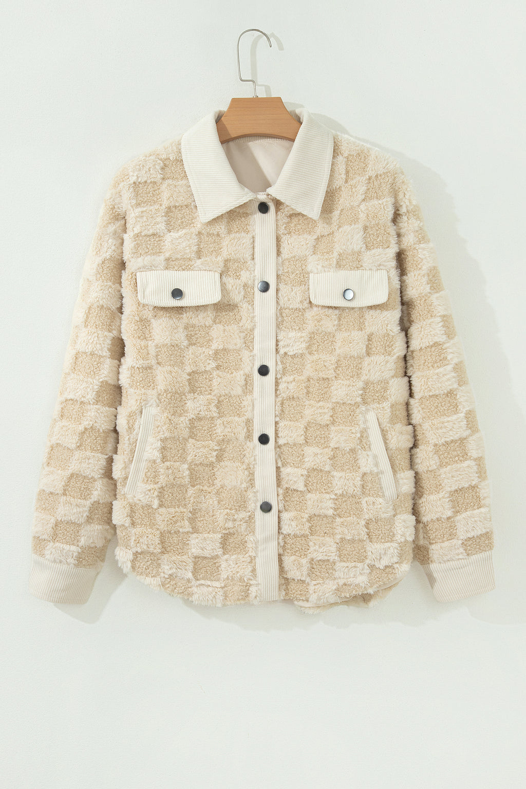 Khaki Plush Checkered Corduroy Trim Metal Button Long Sleeve Shift Silhouette Shacket 🇺🇸