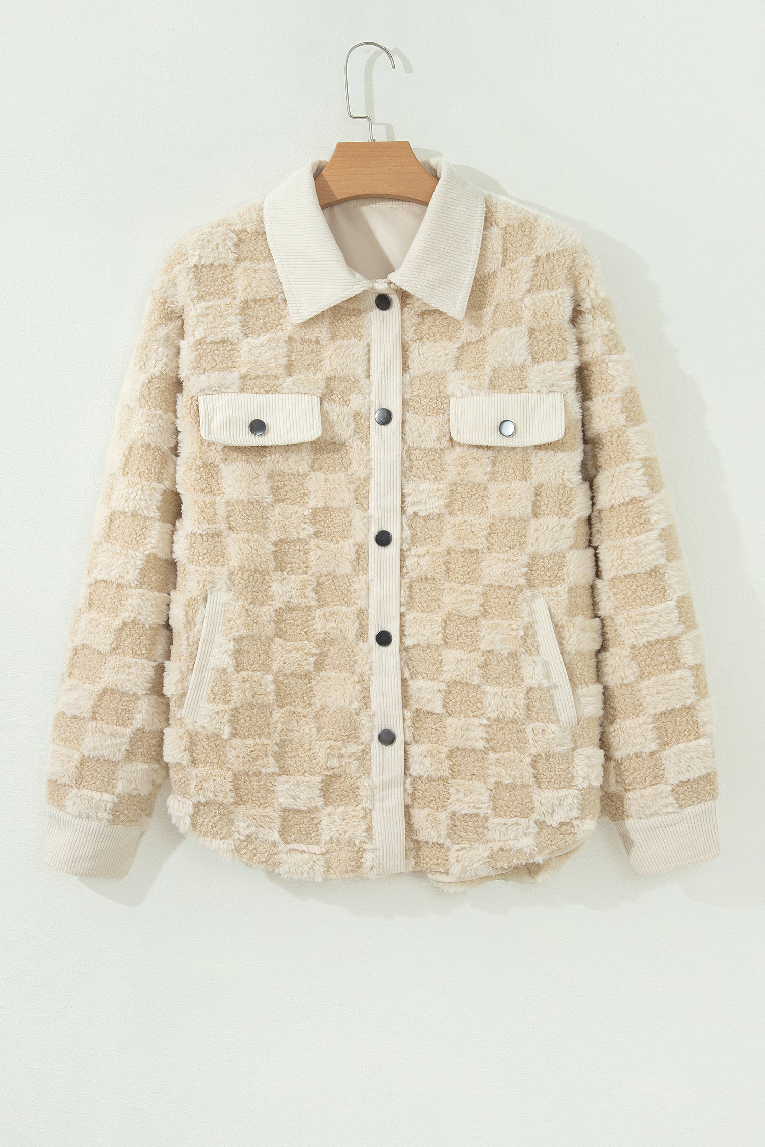 Khaki Plush Checkered Corduroy Trim Metal Button Long Sleeve Shift Silhouette Shacket 🇺🇸