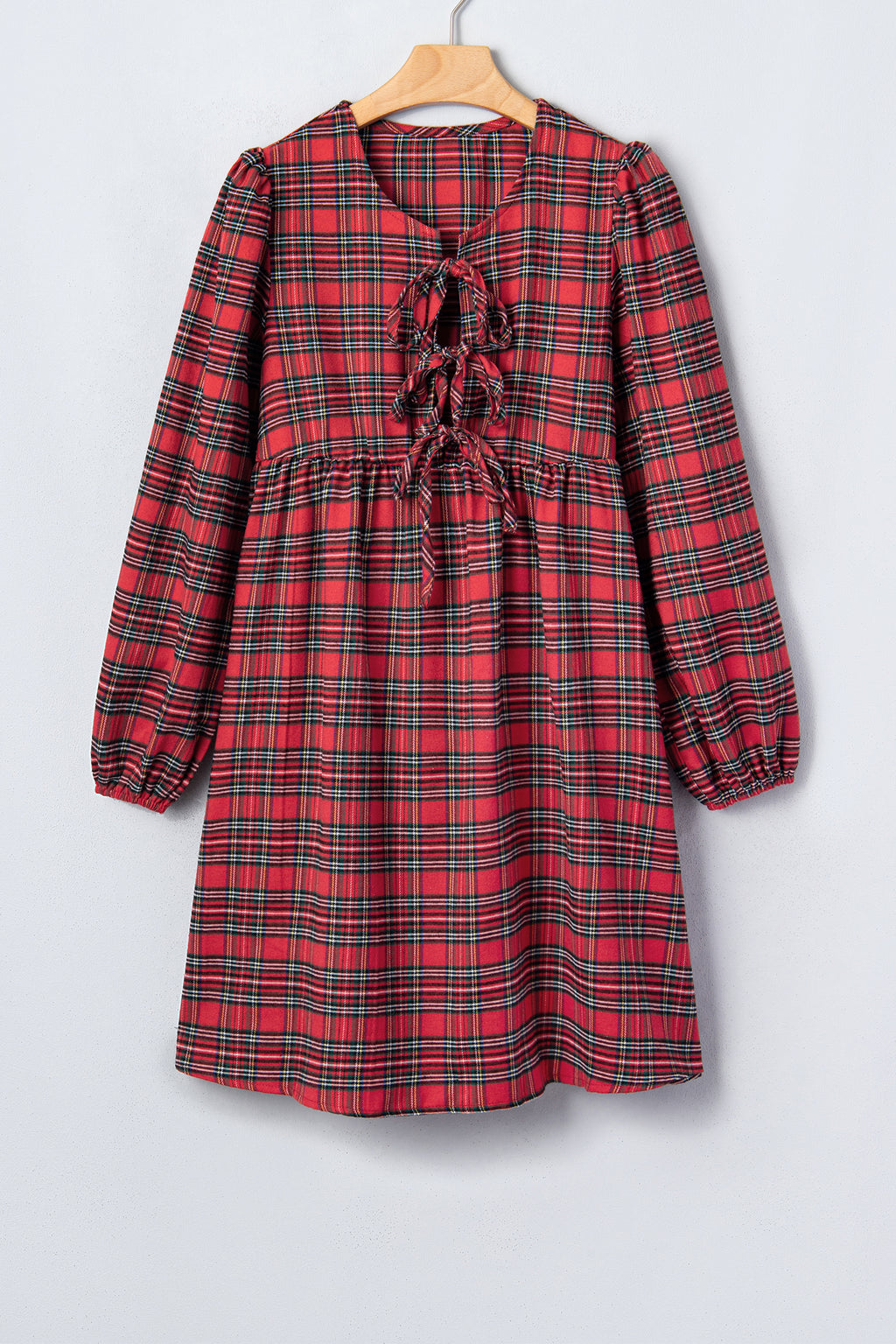Red Plaid Tie Front Long Sleeve Short Shift Dress 🇺🇸