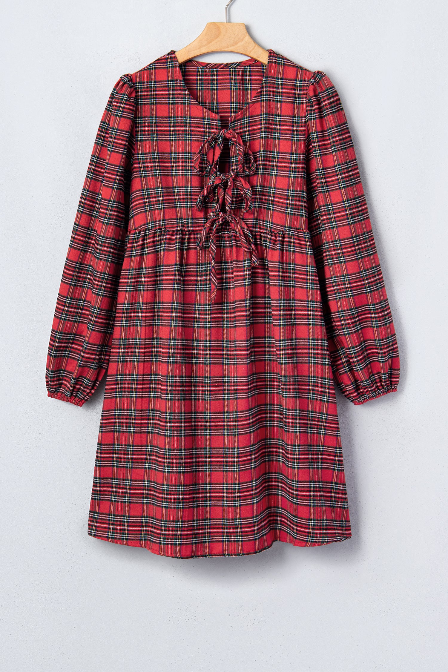 Red Plaid Tie Front Long Sleeve Short Shift Dress 🇺🇸