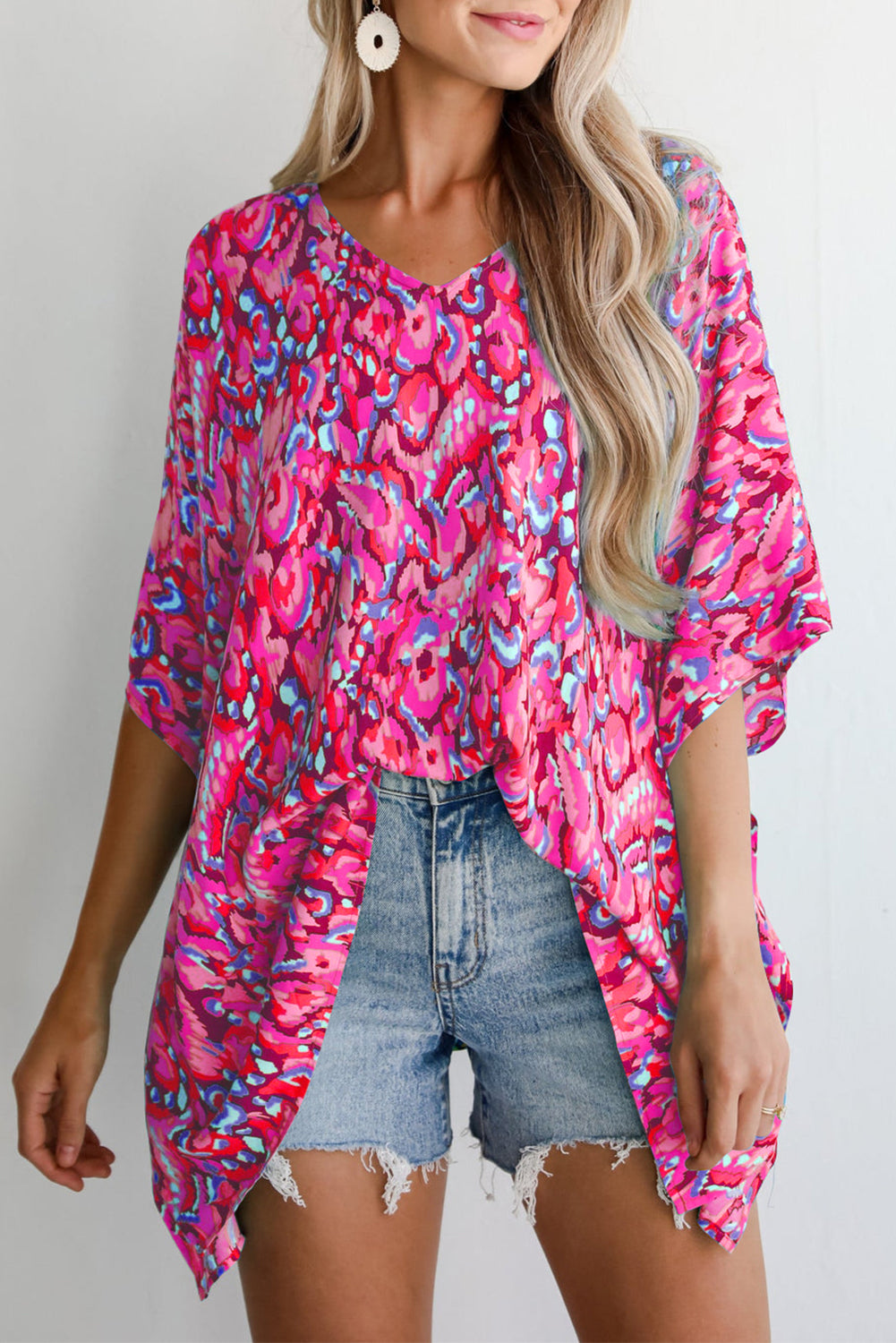 Pink Abstract Print V Neck Half Sleeve Loose Fit Tunic Blouse 🇨🇳