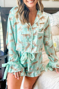 Green Leopard Satin Ruffle Pajama Short Set 🇨🇳