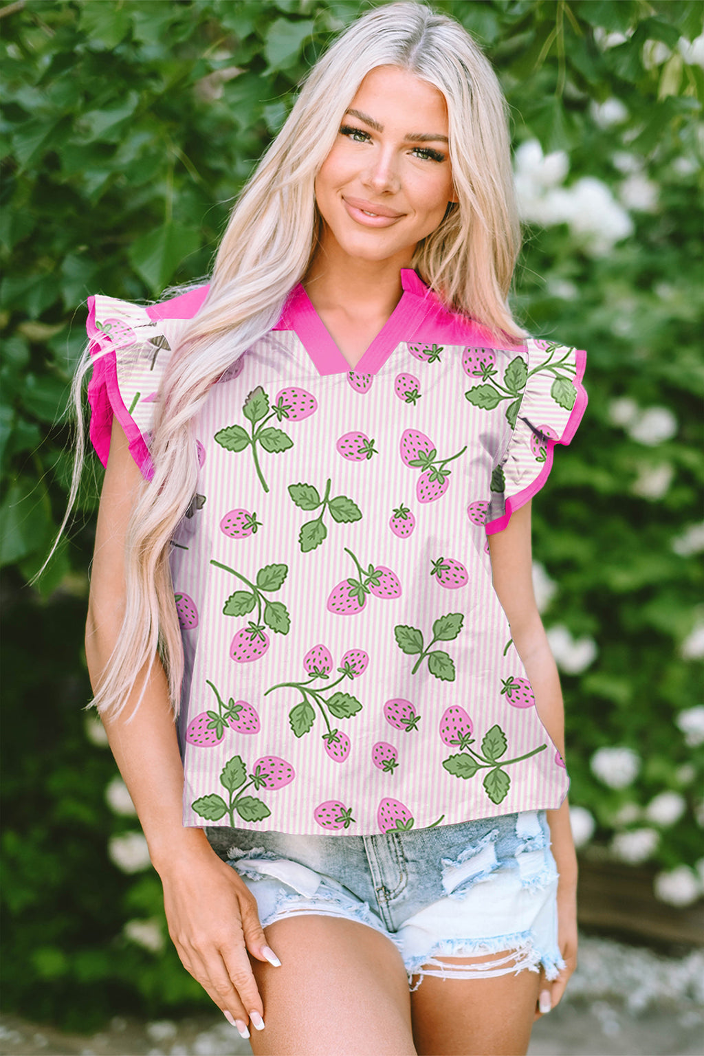 Pink Striped Strawberry Printed Color Block Patchwork V Neck Flutter Sleeve Blouse 🇺🇸