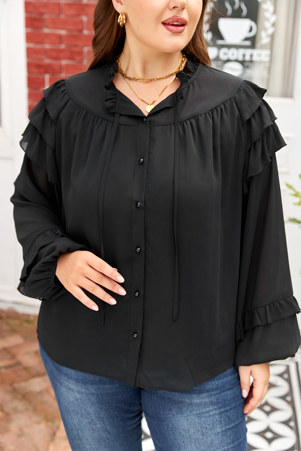 Black Ruffle Balloon Sleeve Chiffon Elegant Plus Size Shirt 🇺🇸