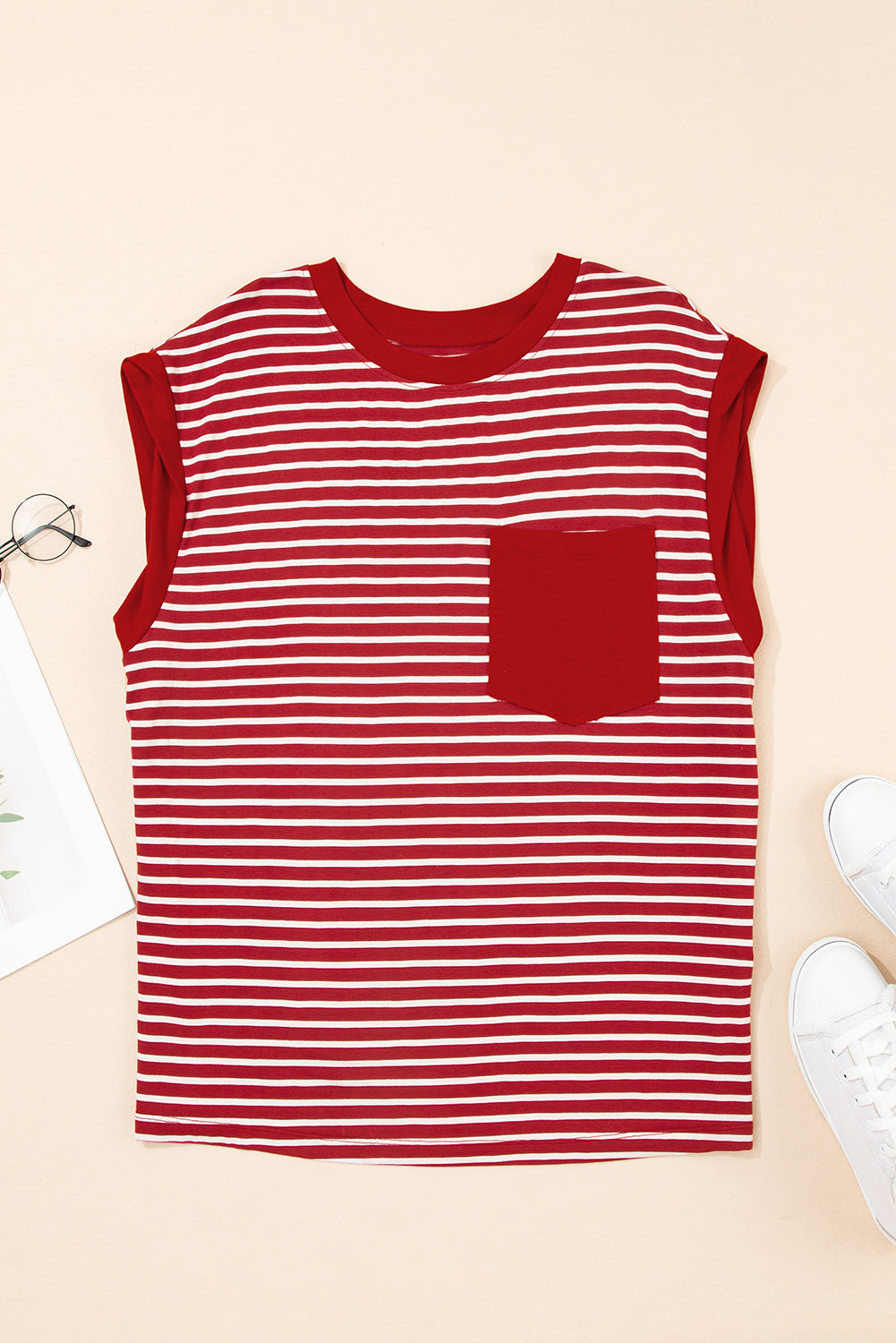 Red Stripe Chest Pocket Patch Round Neck Tank Top 🇨🇳