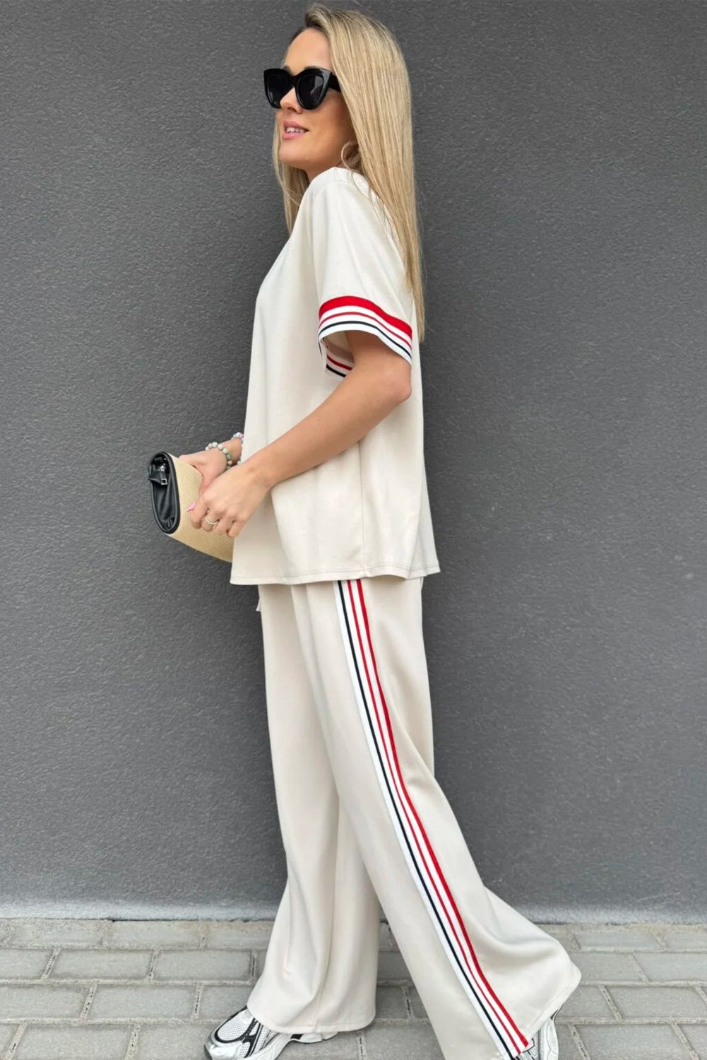 Jet Stream Contrast Striped Trim Crewneck T Shirt Loose Straight Pants Set 🇺🇸