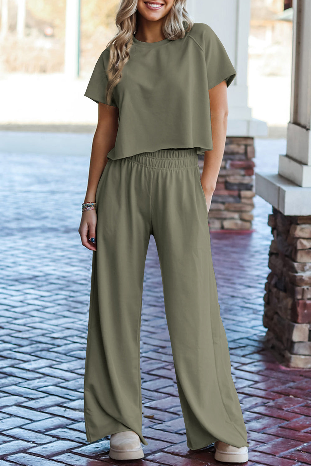 Seagrass Raw Hem Loose Tee and Wide Leg Pants Set 🇺🇸