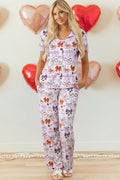 Pink Diverse Bows Buttons Printed Contrast Trim Short Sleeve Shirt Pajama Pant Set 🇺🇸