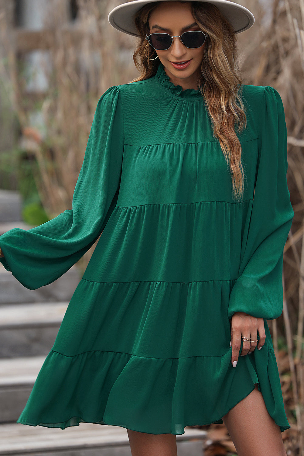 Green Puff Sleeve Mock Neck Back Knot Tiered Dress 🇺🇸