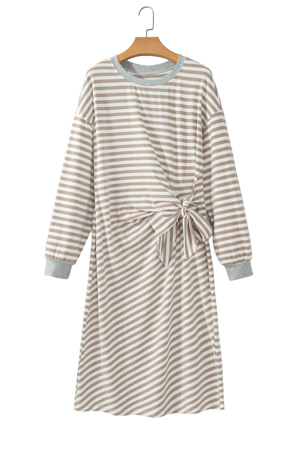Khaki Stripe Striped Colorblock Cuffs Round Neck Long Sleeve Shift Dress 🇺🇸