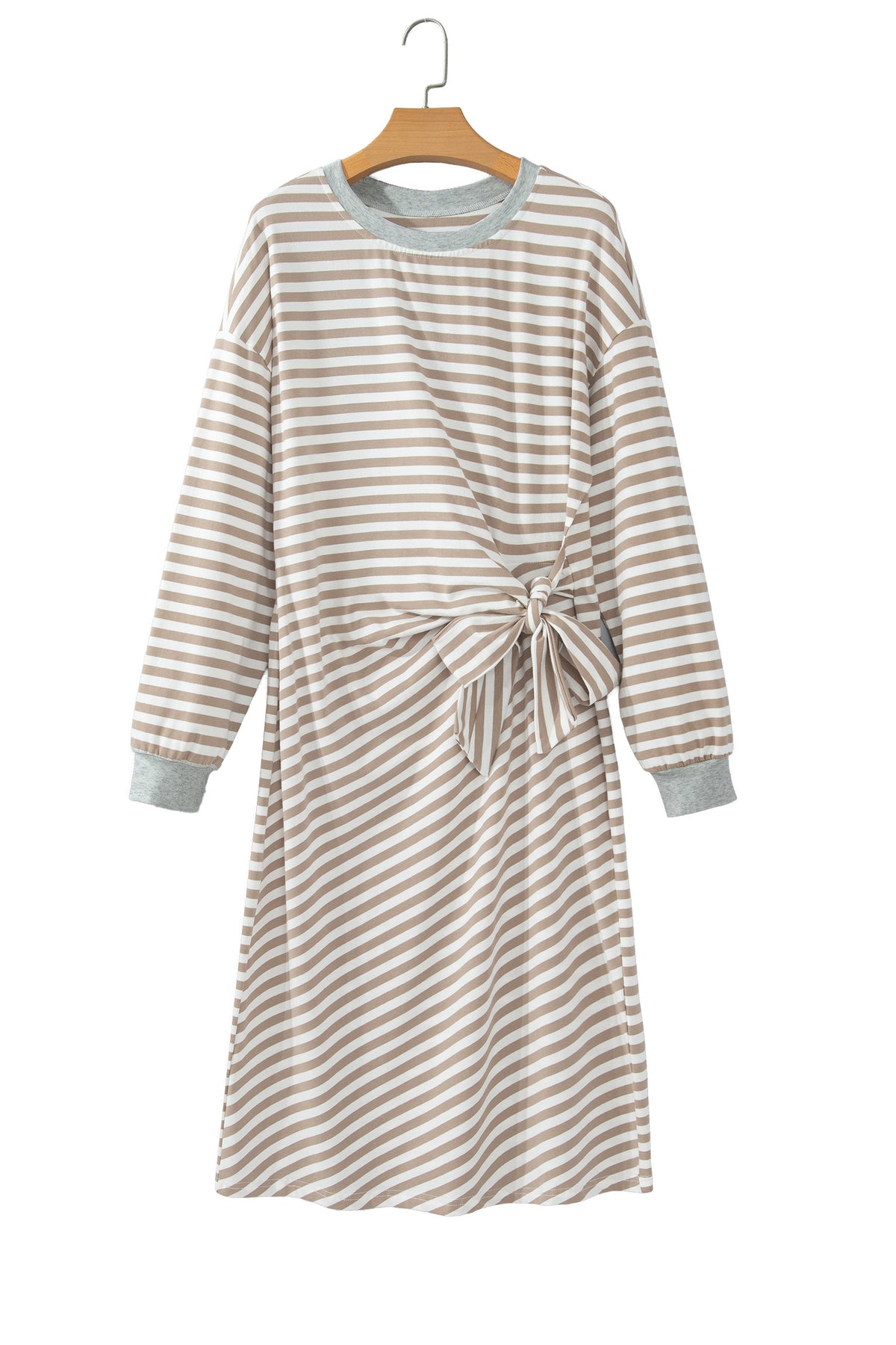Khaki Stripe Striped Colorblock Cuffs Round Neck Long Sleeve Shift Dress 🇺🇸