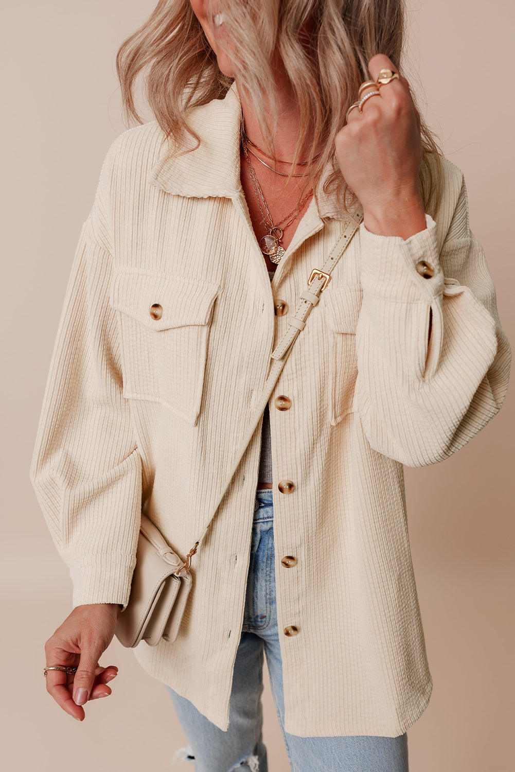 Oatmeal Corduroy Flap Pocket Button Up Shacket 🇺🇲