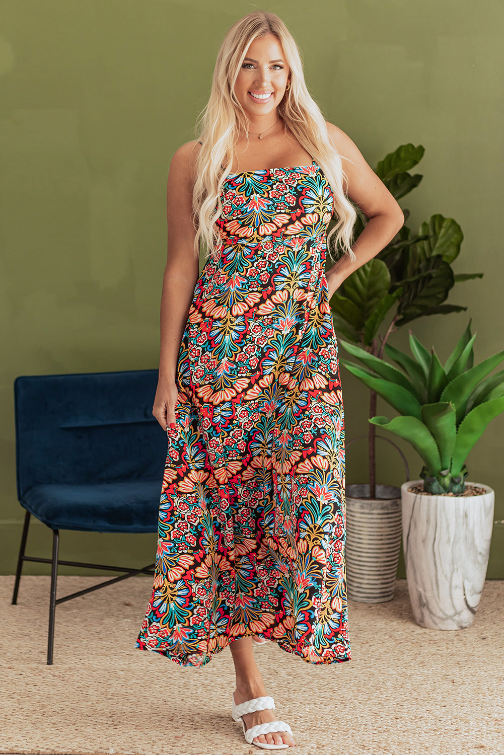 Black Boho Floral Print Thin Straps Sleeveless High Waist Maxi Dress 🇺🇸