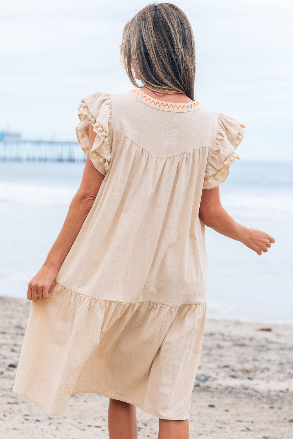 Jet Stream Linen Embroidery Split Neck Pom Pom Ruffle Sleeves Flowy Short Dress 🇺🇸