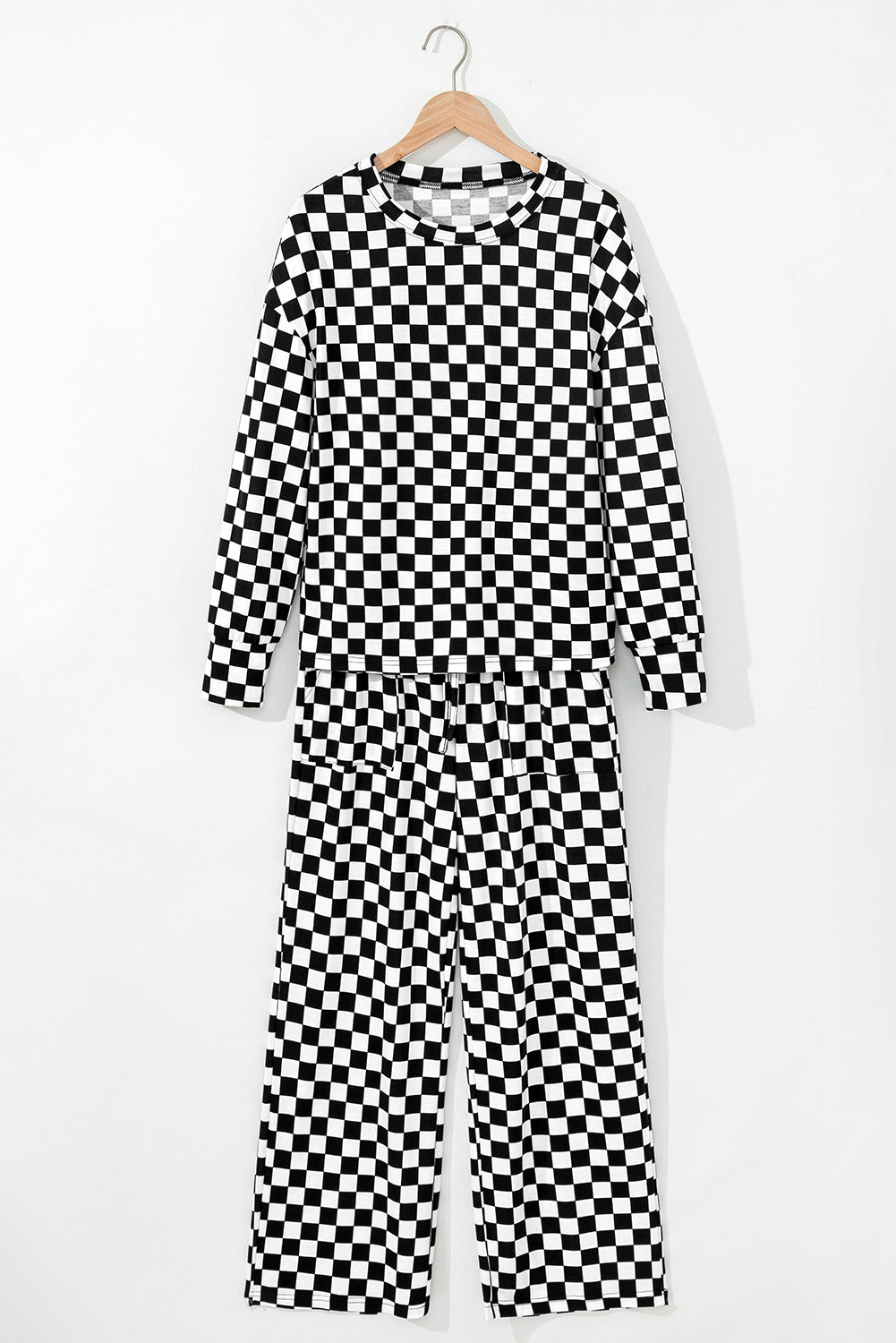Black Checkered Print Long Sleeve Top and Pants Lounge Set 🇺🇸