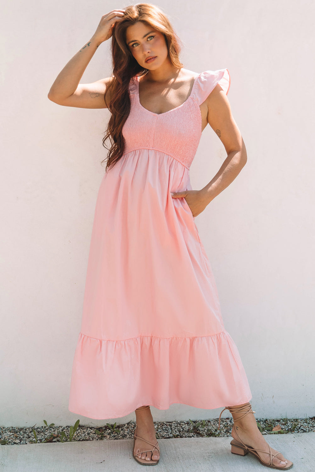 Pink V Neck Flutter Sleeve Smocked Bodice High Waist Ruffle Maxi Dress 🇨🇳