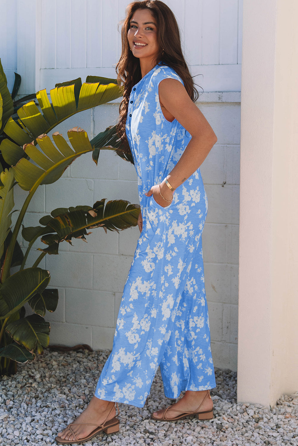 Myosotis Floral Print Half Button Wide Leg Relaxed Sleeveless Jumpsuit 🇺🇸