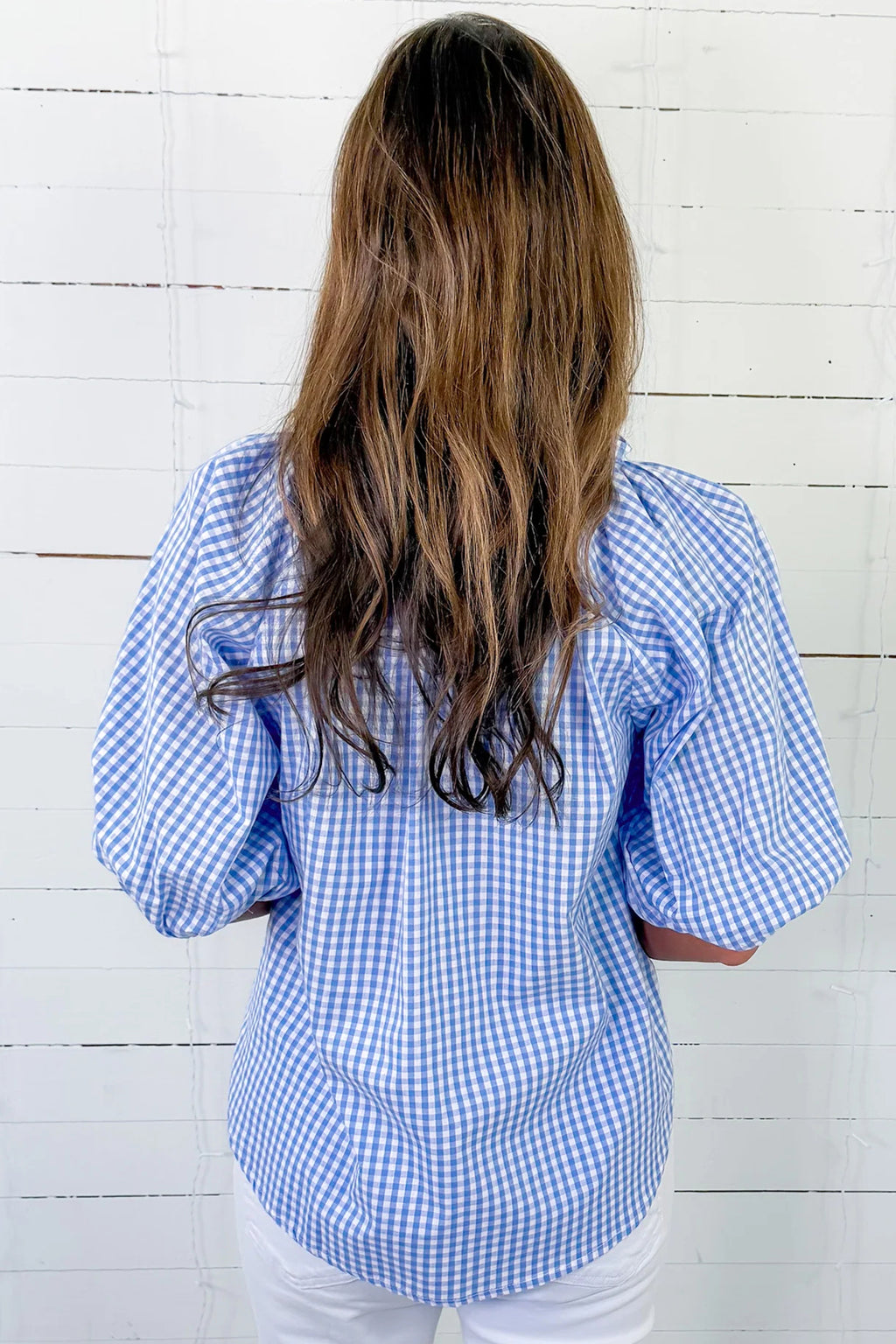 Sky Blue Summer Plaid V Neck Puff Sleeve Blouse 🇺🇸