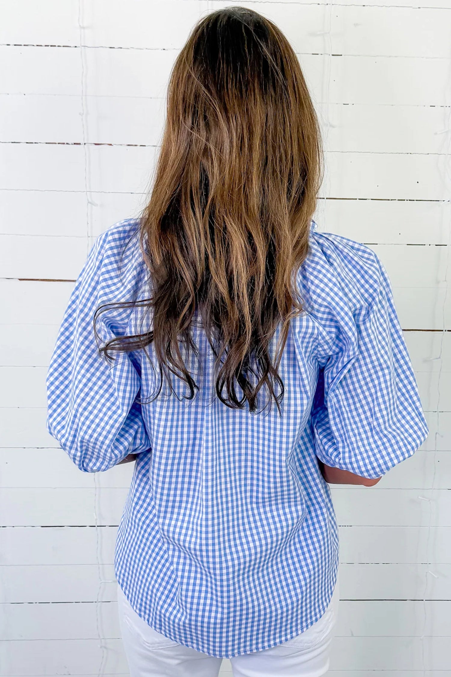 Sky Blue Summer Plaid V Neck Puff Sleeve Blouse 🇺🇸