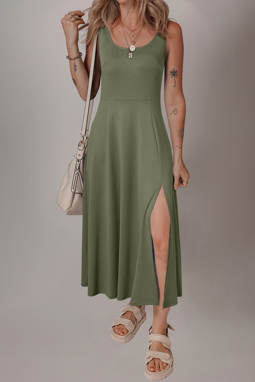 Four Leaf Clover Sleeveless Scoop Neck Flared Split Midi Dress 🇨🇳