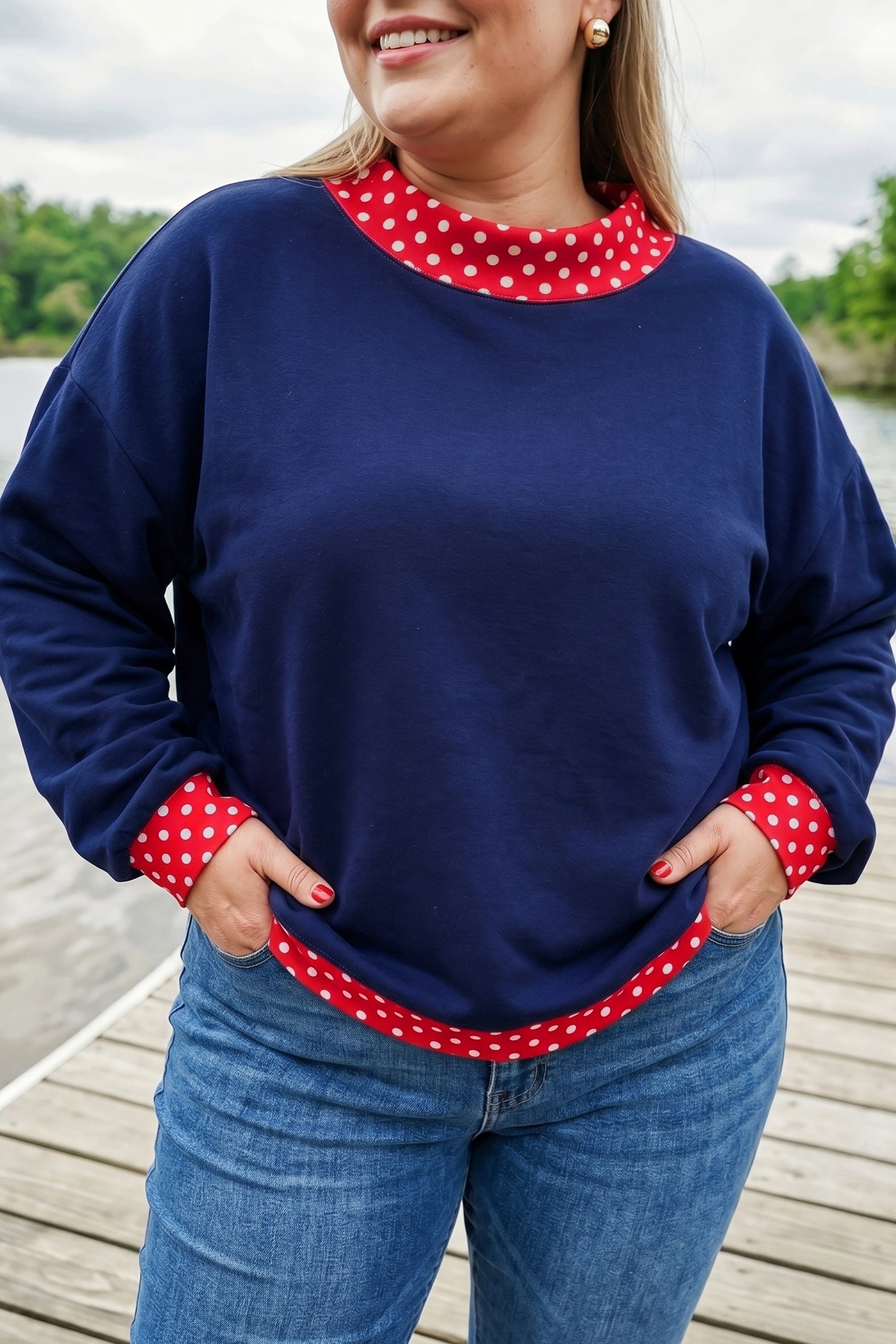 Red Polka Dot Patchwork Round Neck Plus Size Sweatshirt