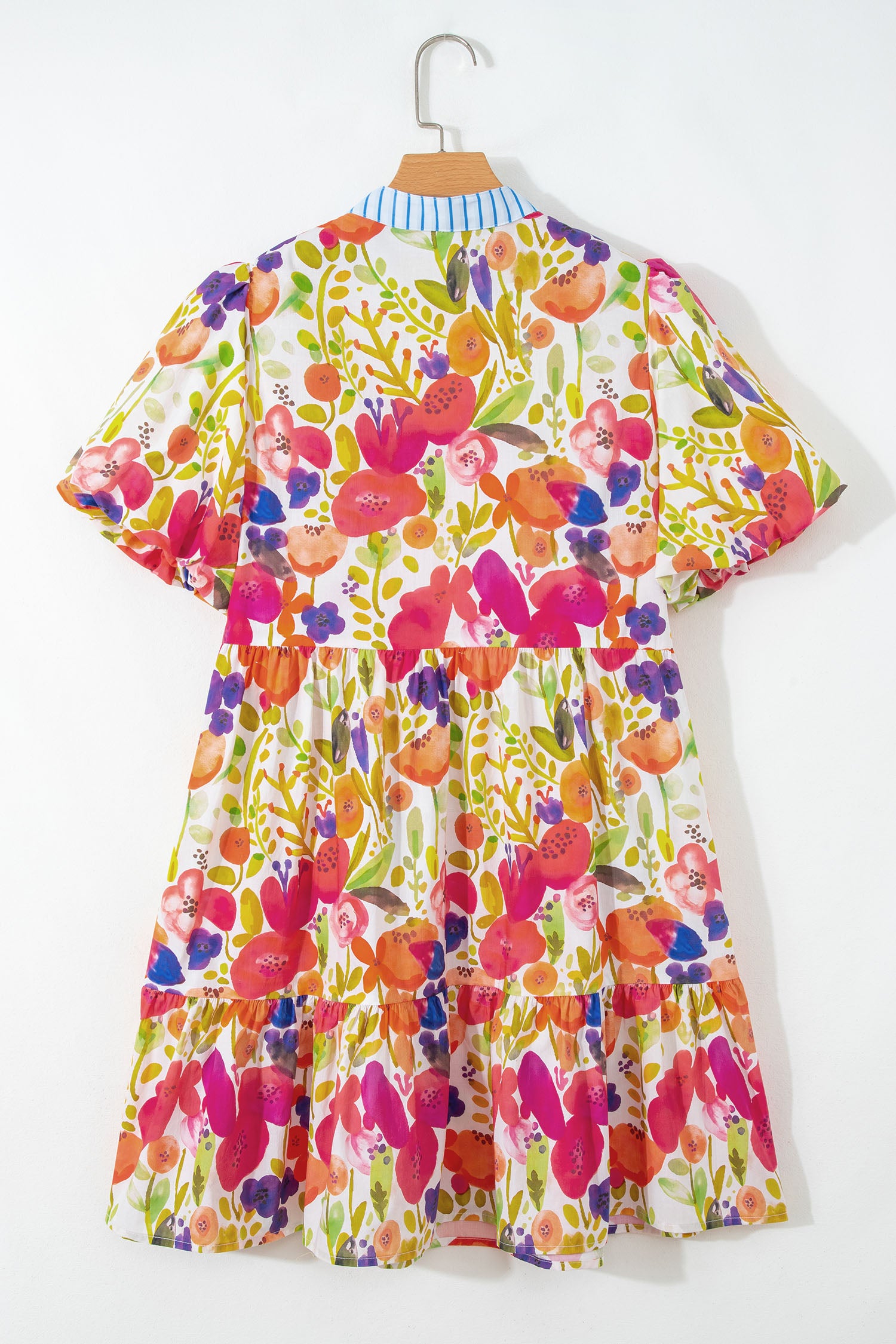 Rose Bright Floral Print Ricrac Trim Striped Patchwork V Neck Dress 🇺🇸