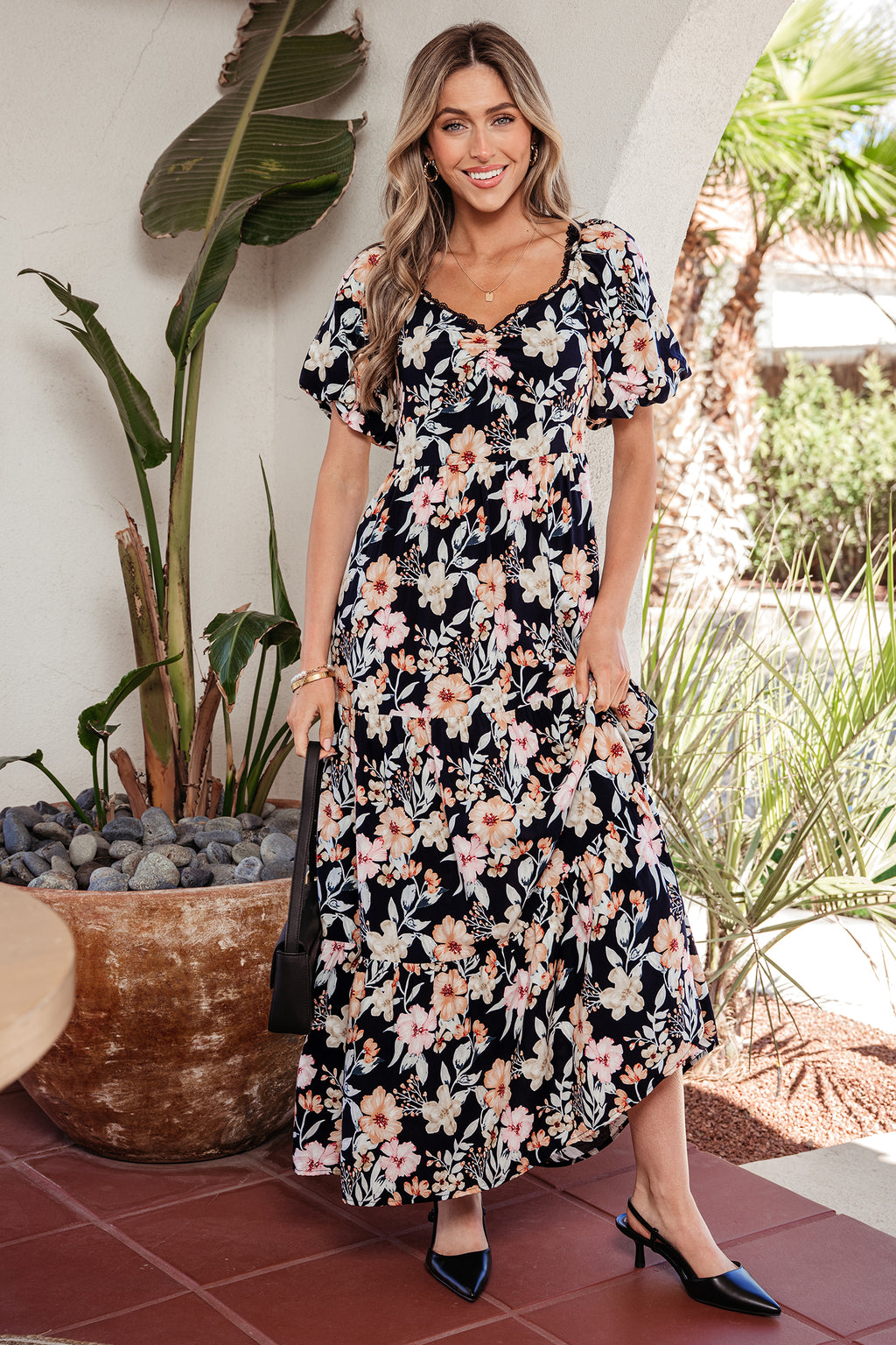 Blue Short Sleeve Smocked Detail High Waist Floral Maxi Dress 🇺🇸
