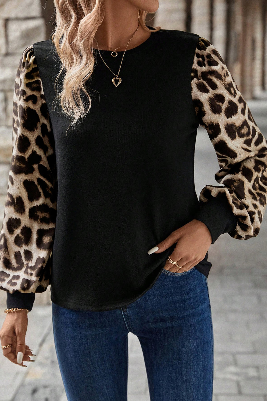 Khaki Leopard Puff Sleeve Patchwork Top 🇺🇸