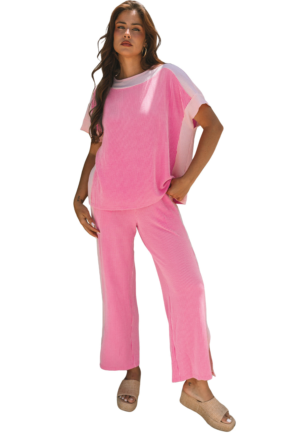 Sachet Pink 2-tone Colorblock Patchwork Corded 2pcs Outfit 🇨🇳