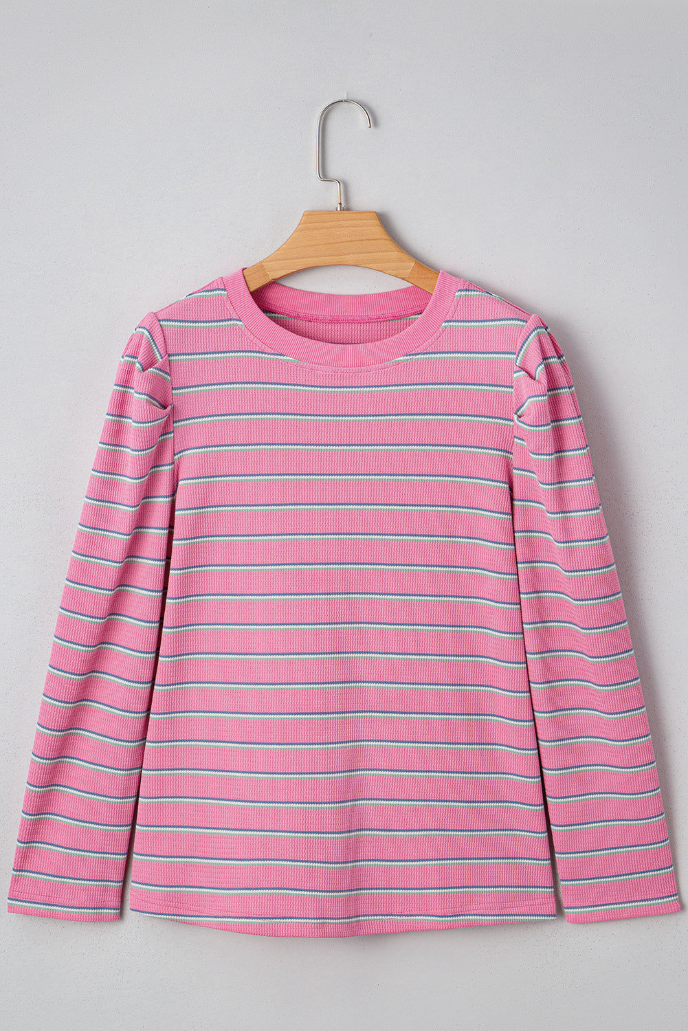 Rose Stripe Textured Knit Round Neck Long Sleeve Top 🇺🇸