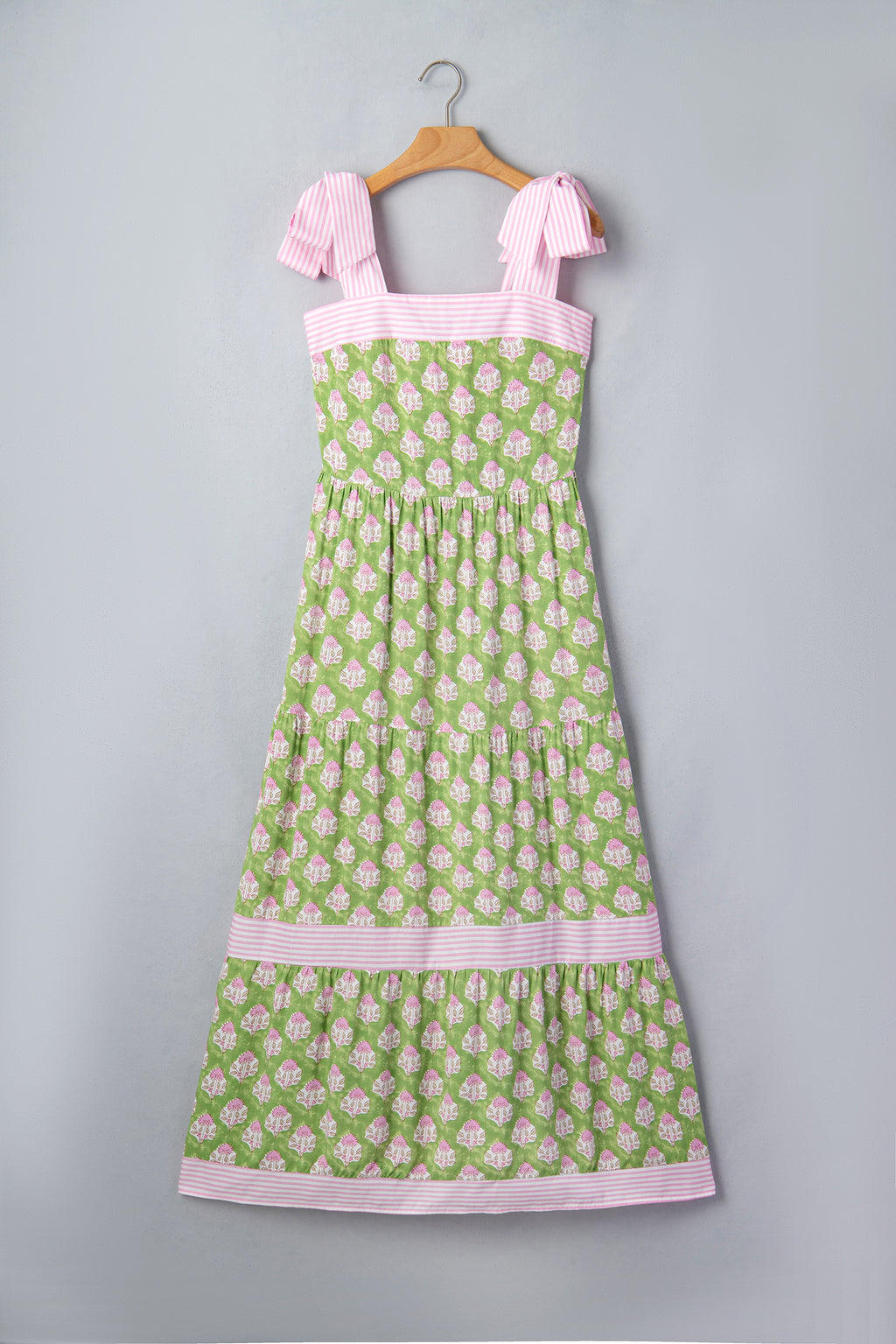 Green Floral Print Striped Detail Knot Straps Maxi Dress 🇺🇸