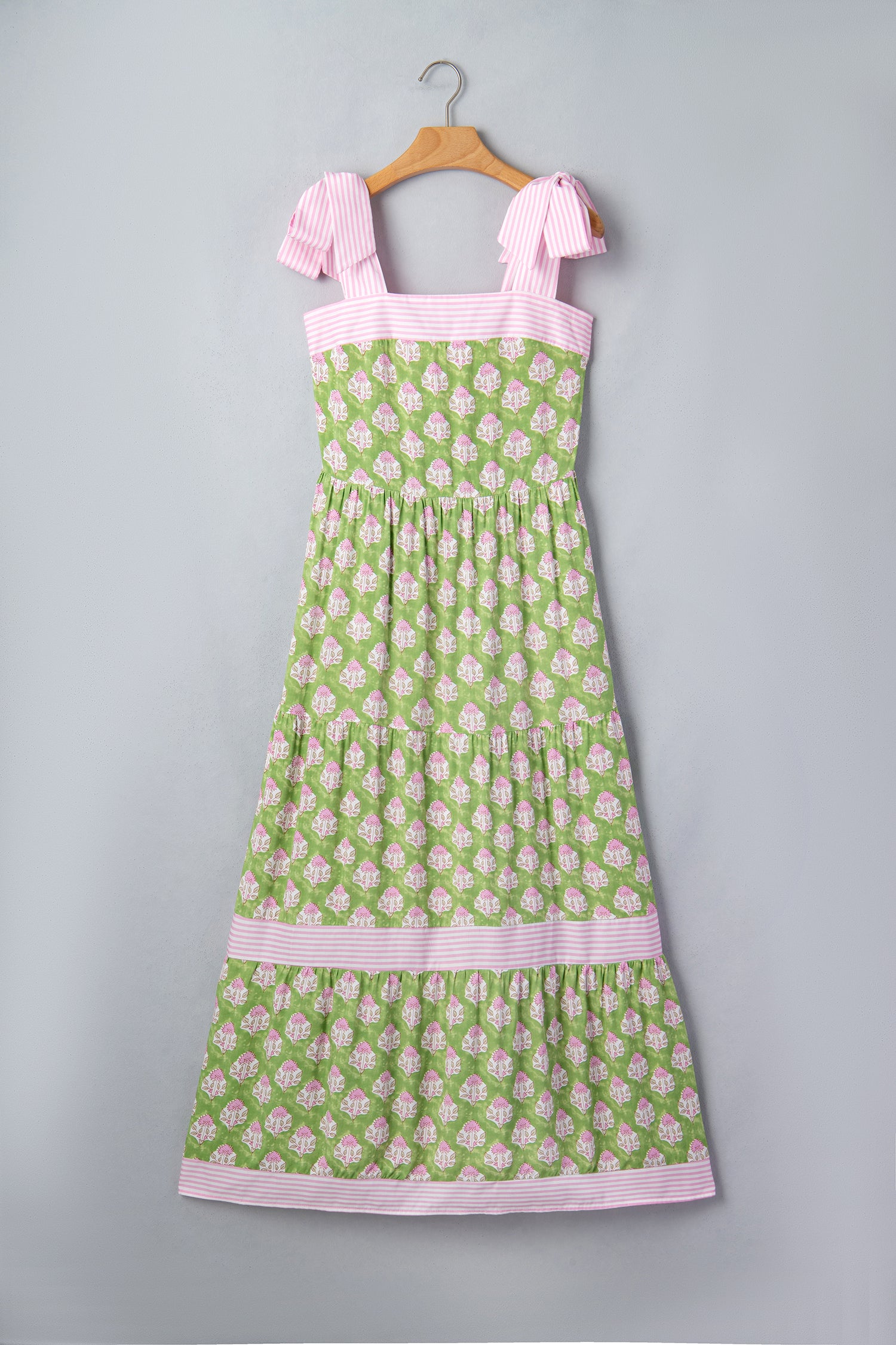 Green Floral Print Striped Detail Knot Straps Maxi Dress 🇺🇸