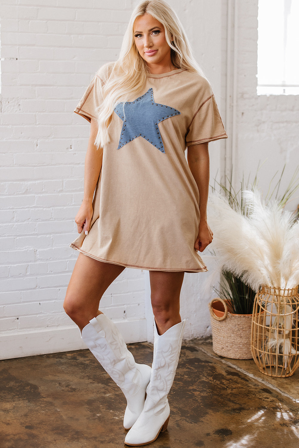 Pale Khaki Mineral Wash Stud Beaded Star Graphic Pocketed T Shirt Dress 🇨🇳