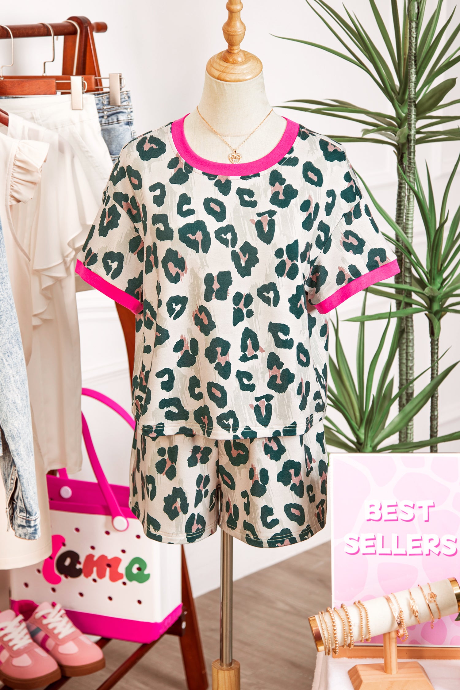 Brown Unique Leopard Print Contrast Trim Top Loose 2pcs Short Set 🇺🇸