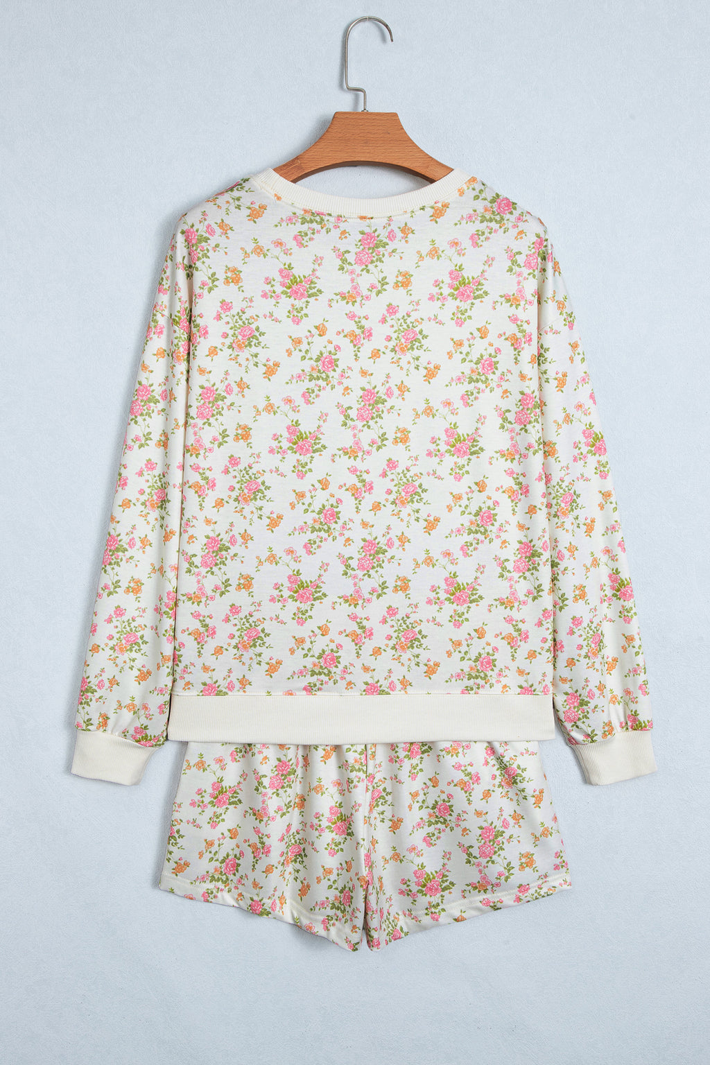 Beige Floral Print Long Sleeve Shift Top Pocketed Shorts 2pcs Set 🇺🇸