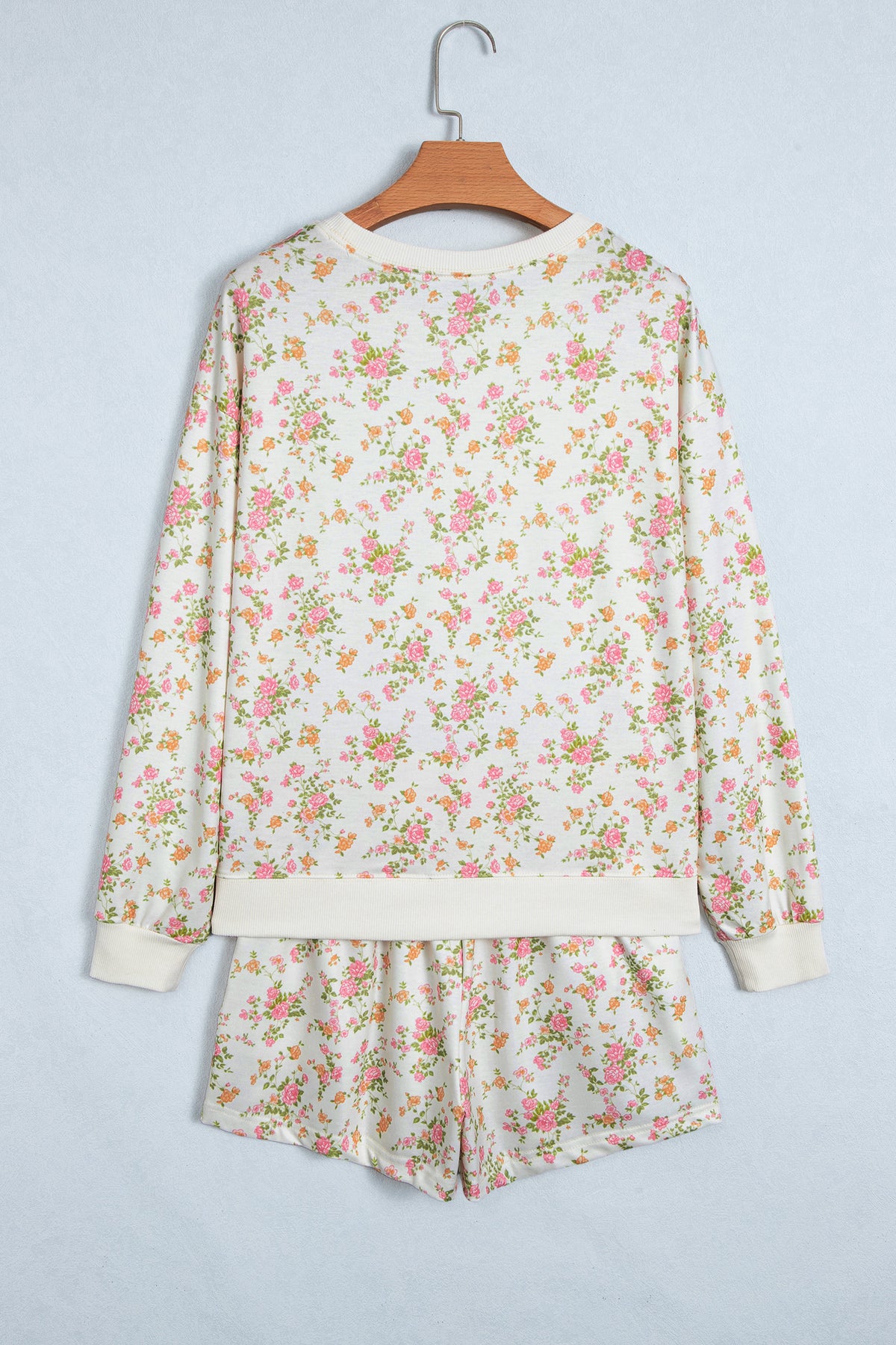 Beige Floral Print Long Sleeve Shift Top Pocketed Shorts 2pcs Set 🇺🇸