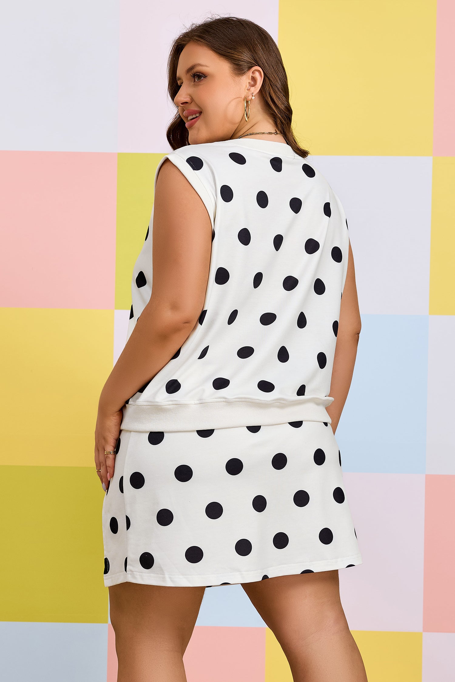 White Plus Size Polka Dot Printed Tank Split Skort 2pcs Outfit 🇺🇸