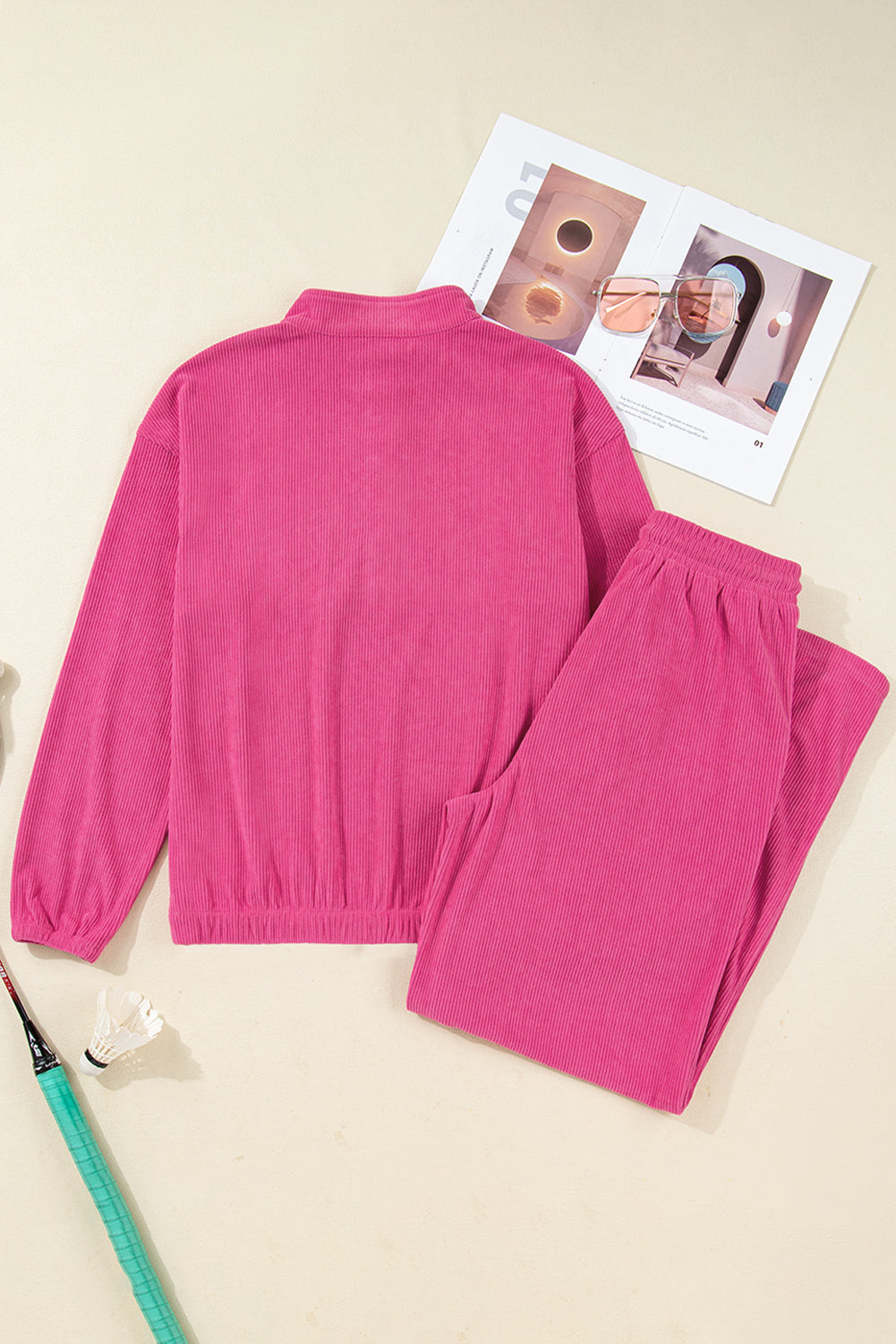 Peach Blossom Half Button Pullover Drawstring Pants Solid Color Corduroy 2pcs Outfit 🇺🇸