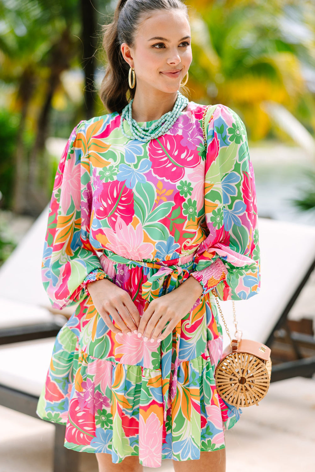 Green Multicolor Botanical Bubble Sleeve Mini Dress 🇺🇸