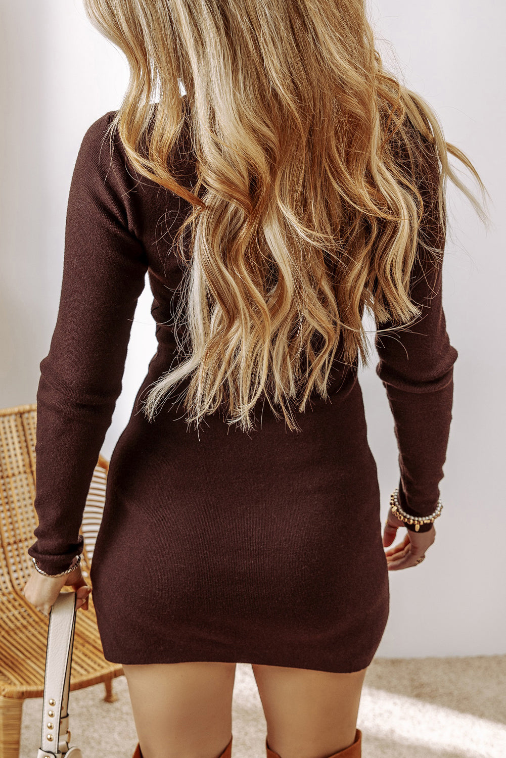 Coffee Slim Fit Mock Neck Side Slit Sweater Dress 🇺🇸