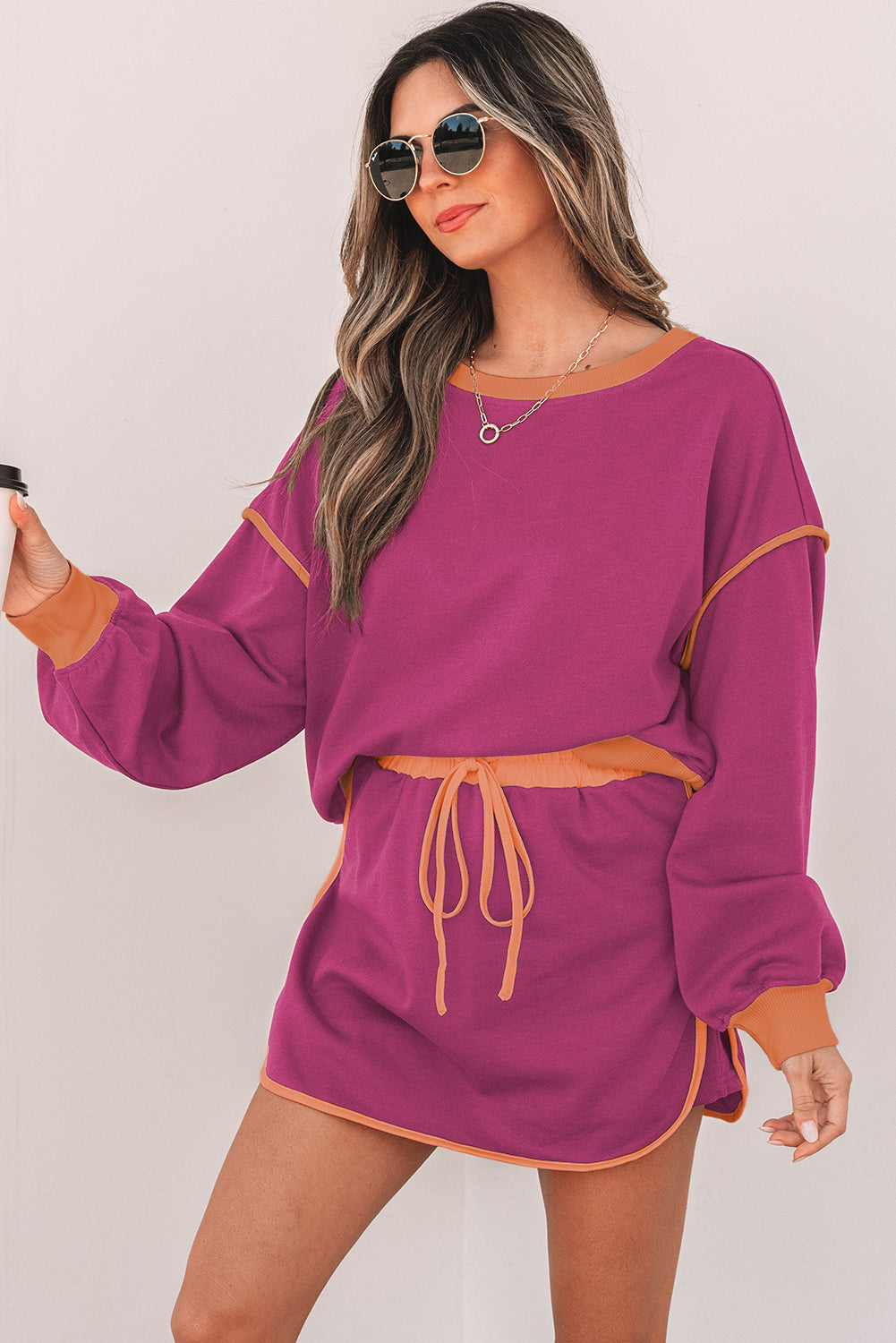 Rose Red Color Contrast Loose Pullover and Lace-up Waist Skort Set 🇨🇳