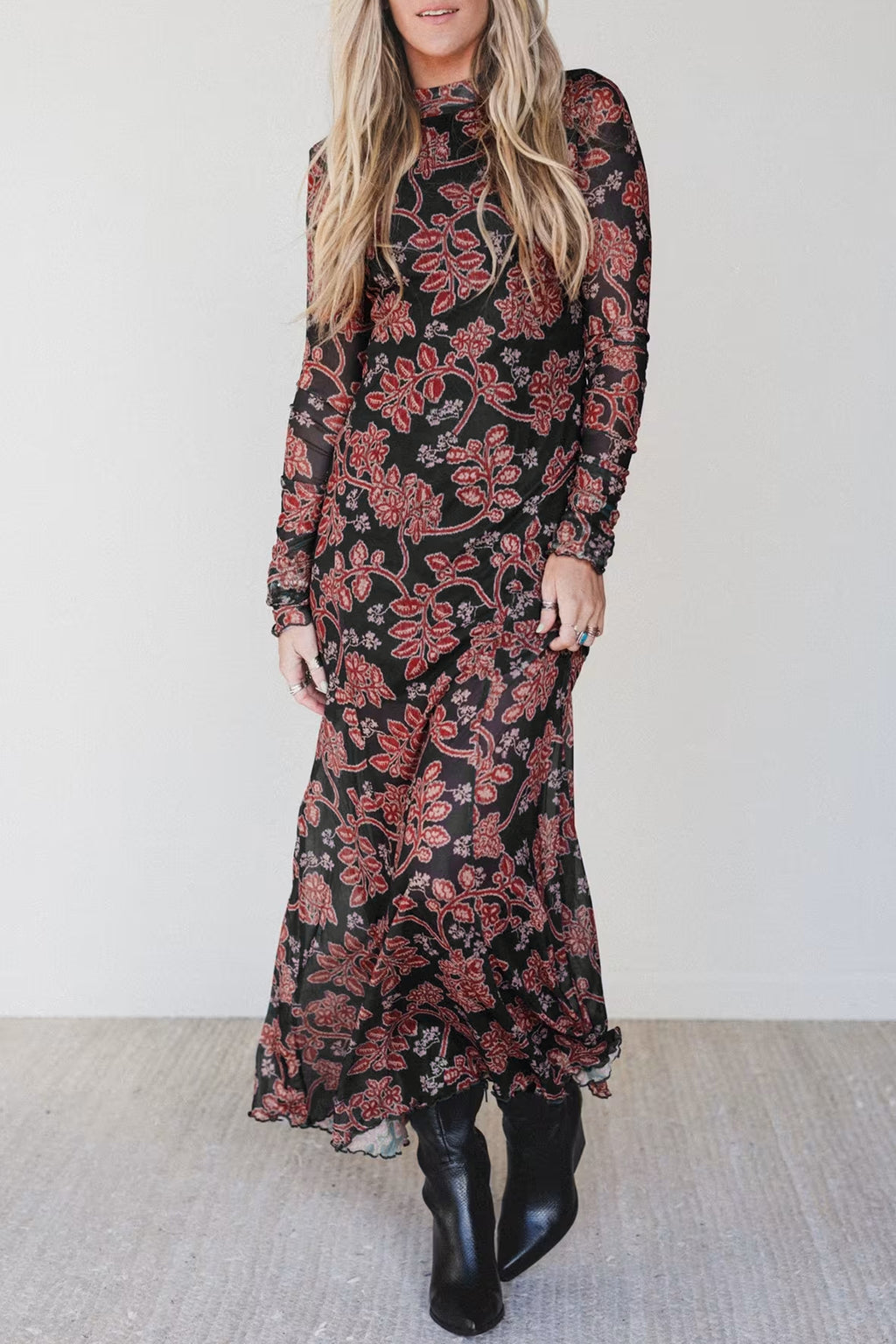 Black Retro Floral Print Long Sleeve Casual Mesh Dress 🇺🇸