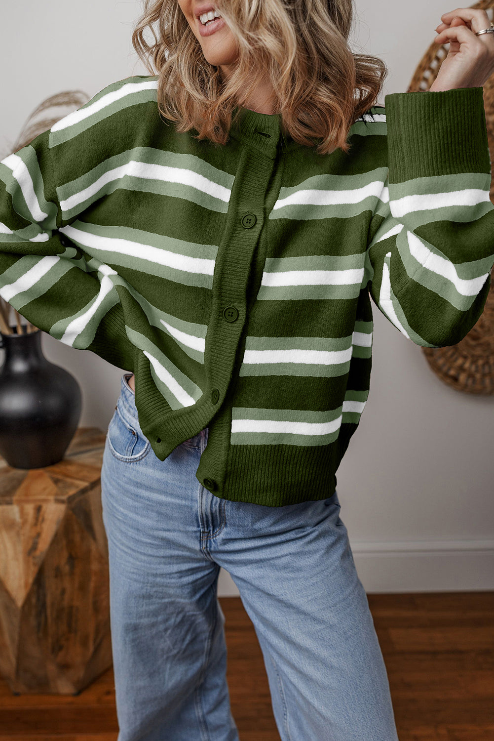 Green Stripe Drop Shoulder Buttons Cardigan Sweater 🇺🇸